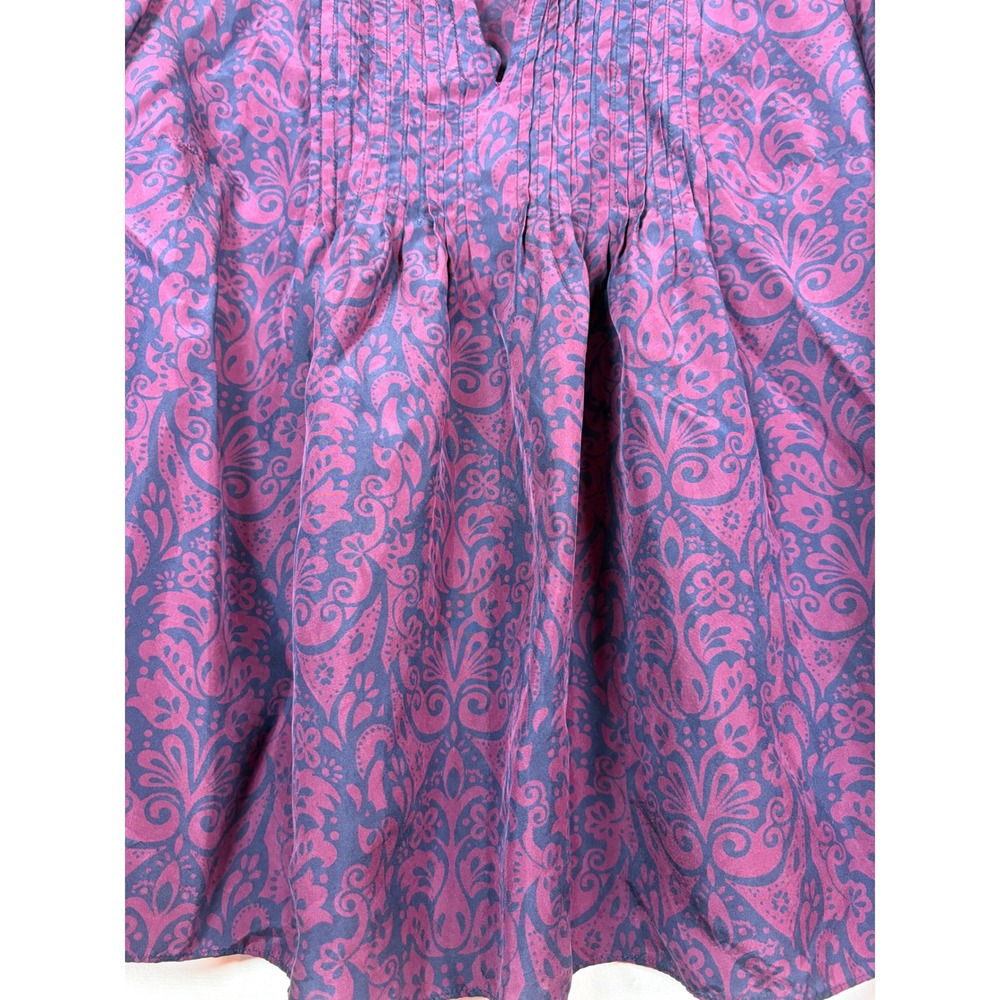Michael Kors Pure Silk Pintuck Blouse Purple Navy Damask Paisley Top Size 6 - Picture 3 of 10